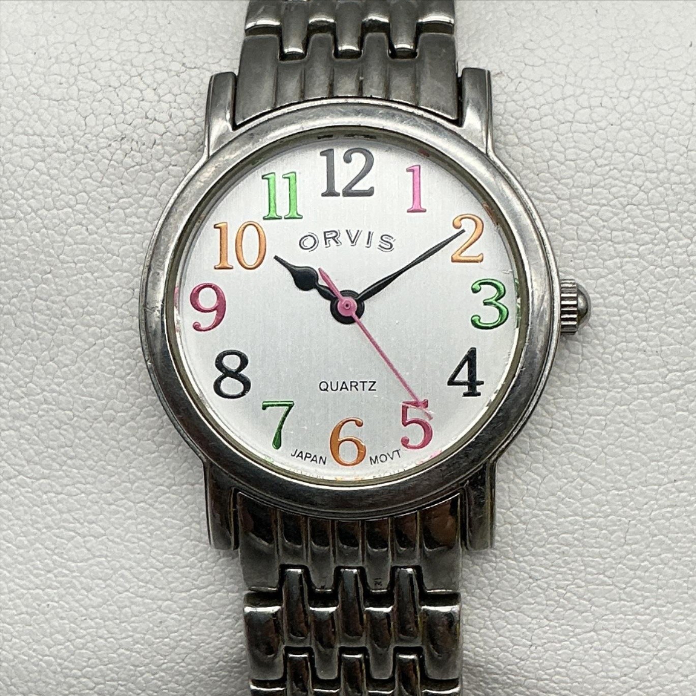Orvis Womens Watch 26mm Silver Tone Multicolor Numerals Steel New Battery 7.5″