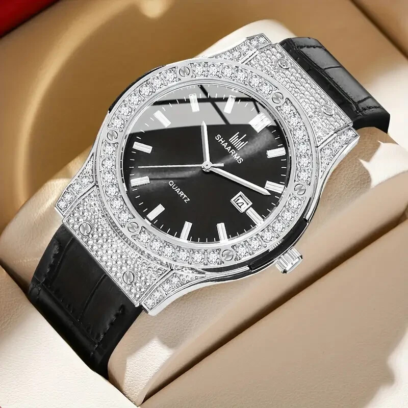 Men Iced Hip Hop Silver Plated Black Leather Band Simulated Diamond Urban Watch