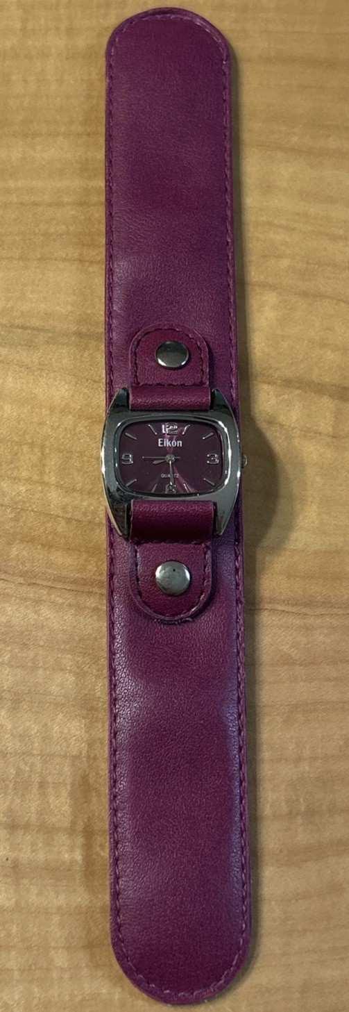 Eiko Womans Silver Tone Purple Slap Bracelet Faux Leather Band Watch New Battery