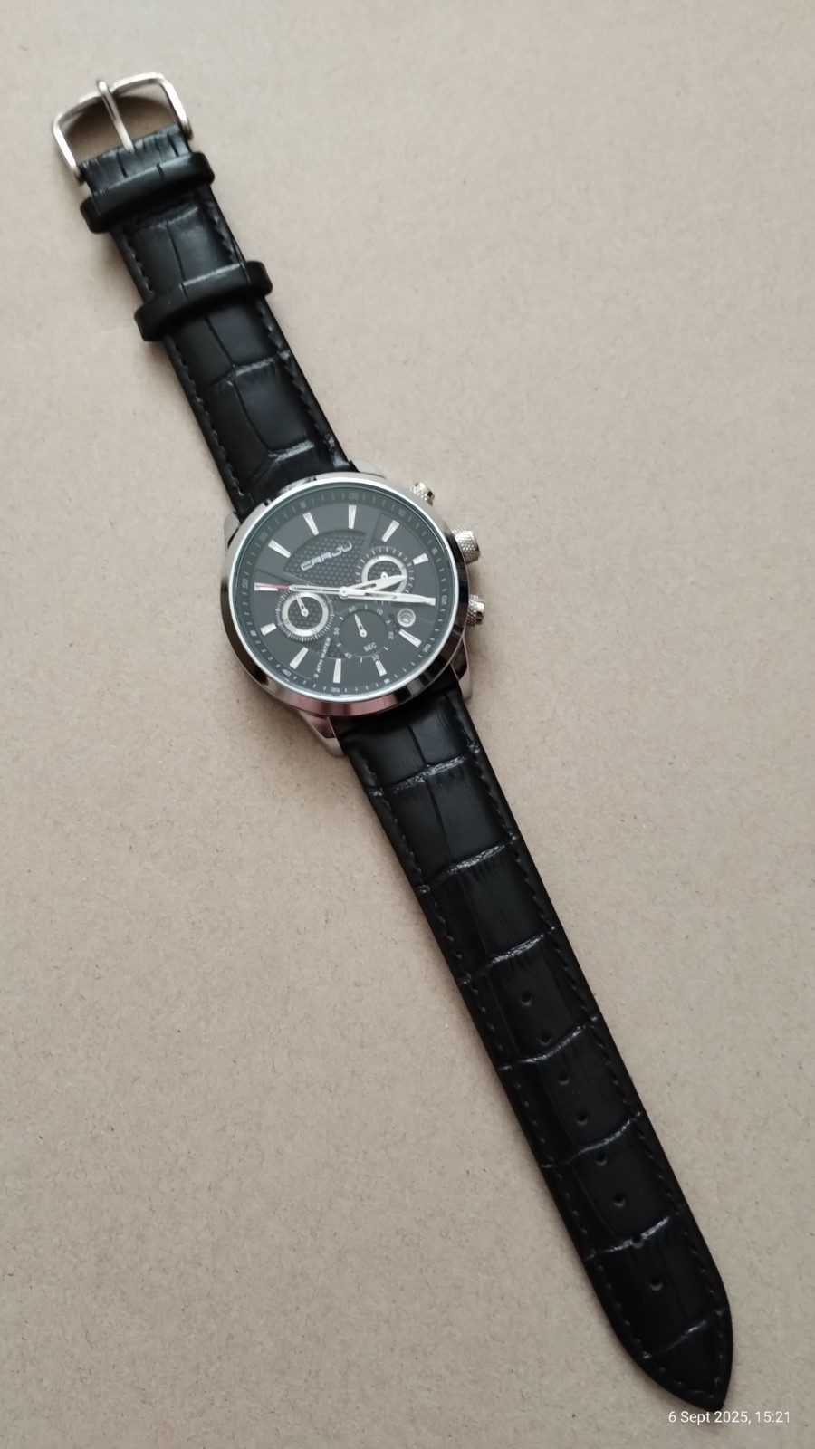 CRRJU 2212L Japanese Quartz Movement Chronograph Watch Black Face Leather Strap