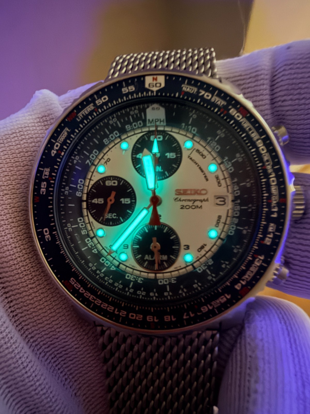 Seiko SNA413 Blue Panda Flightmaster Pilot Chronograph Alarm Watch – MiLTAT Mesh