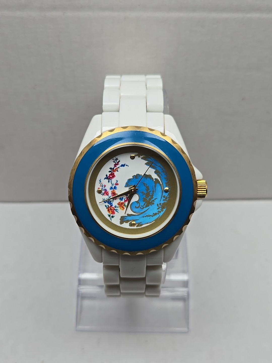 Met Museum Of Art Bleu Celeste Floral White Link Bracelet Watch New Battery