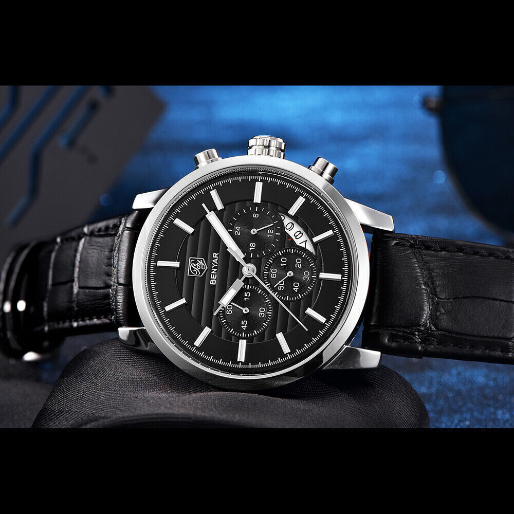 BENYAR Quartz Watch for Men Sports Chronograph Watch Waterproof Leather Strap