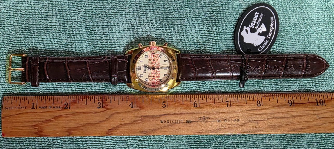 STAUER TIMEMASTER PIEZO MEN’S WATCH. BROWN LEATHER BAND WITH BOX AND HANGING TAG