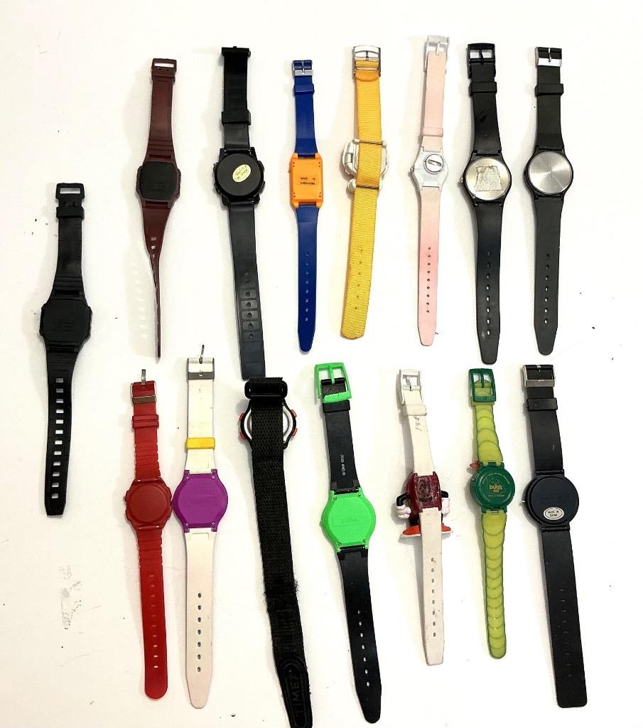 15 1980s-90s VINTAGE NOVELTY ADVERTISING MOVIE-FOOD-GAMES PROMO WRIST WATCH LOT