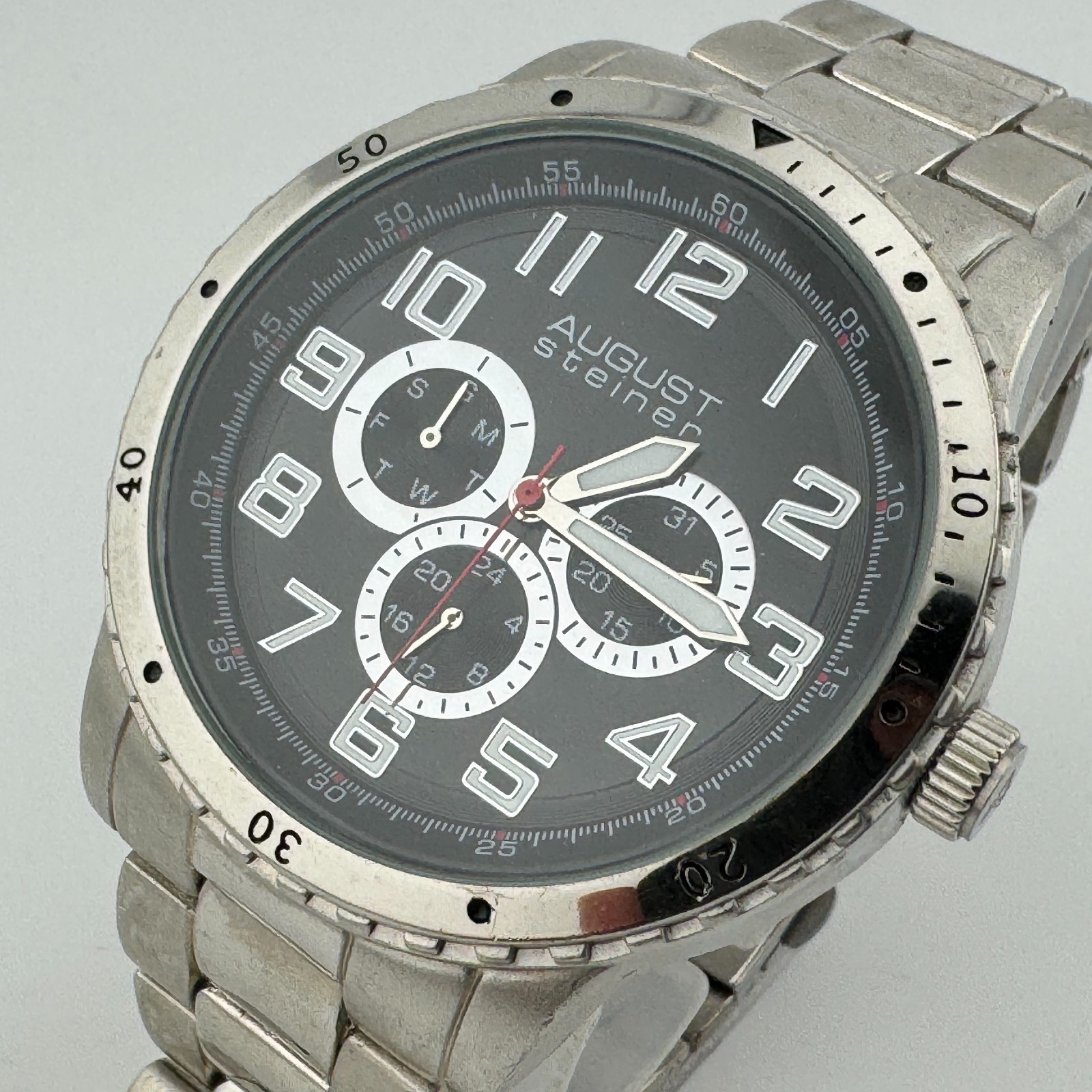 August Steiner Quartz Watch Men 30m Silver Black Day Date Analog New Battery 8″