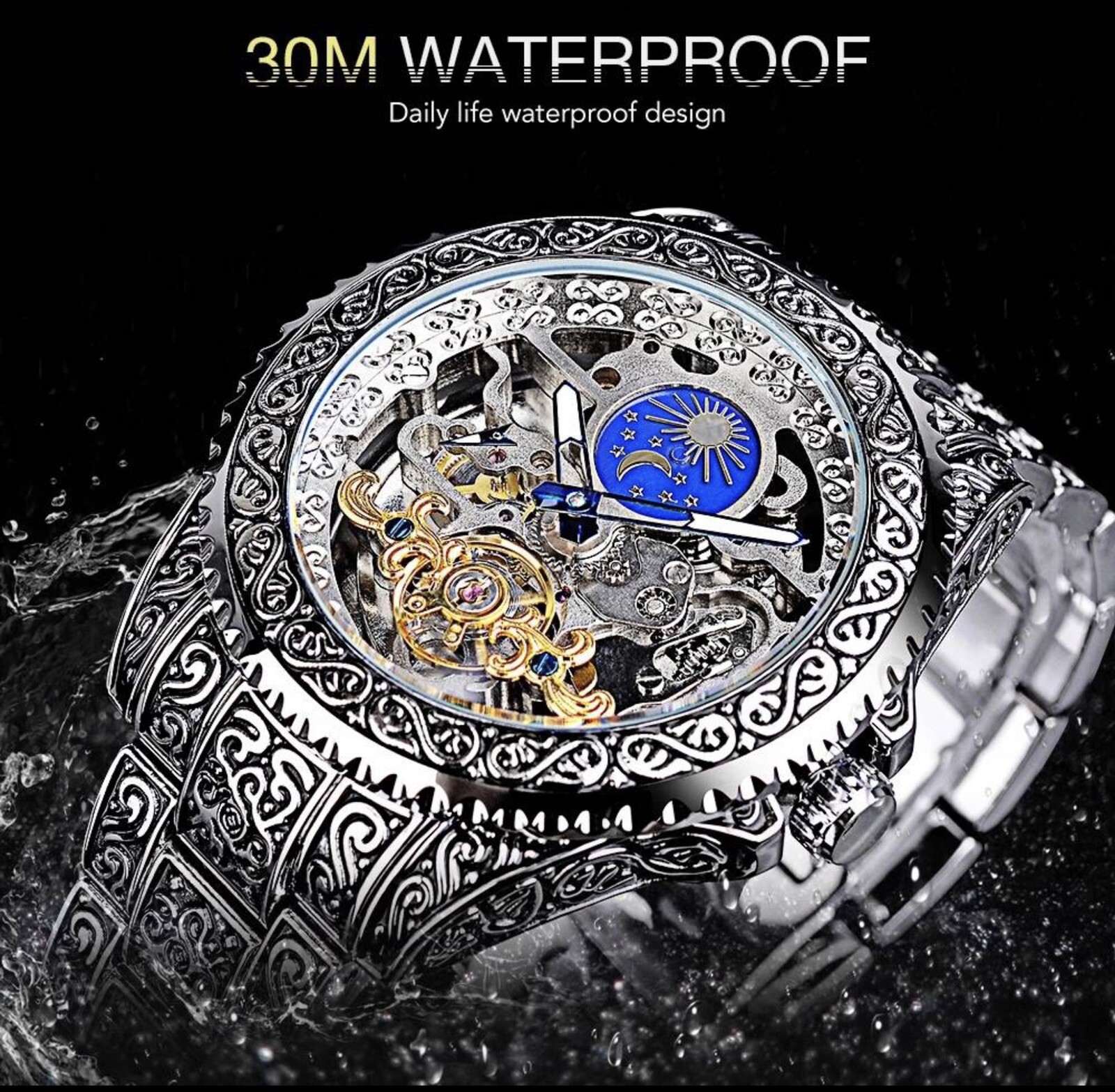 Forsining Skeleton Carved Tourbillon Mechanical Watches Moon Dial Mens Watch