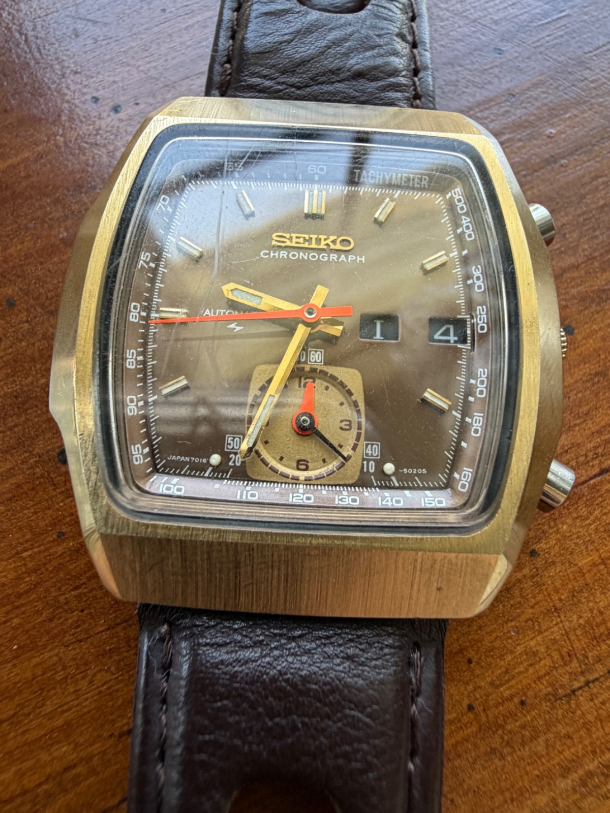 1976 Seiko Monaco 7016-5020 Automatic Flyback Chronograph Gold Plated Watch