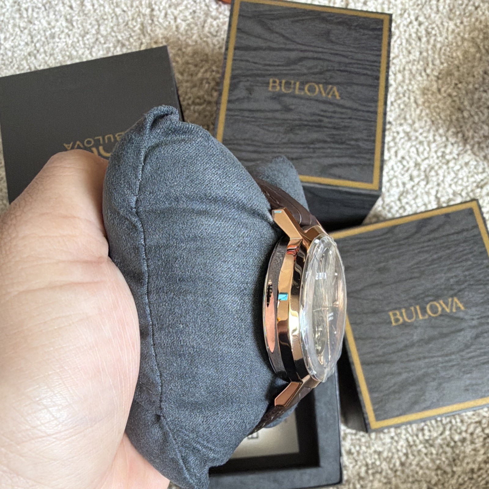 Bulova 150 Men’s Automatic Open Heart 21 Jewel Watch Brown Leather Black Dial