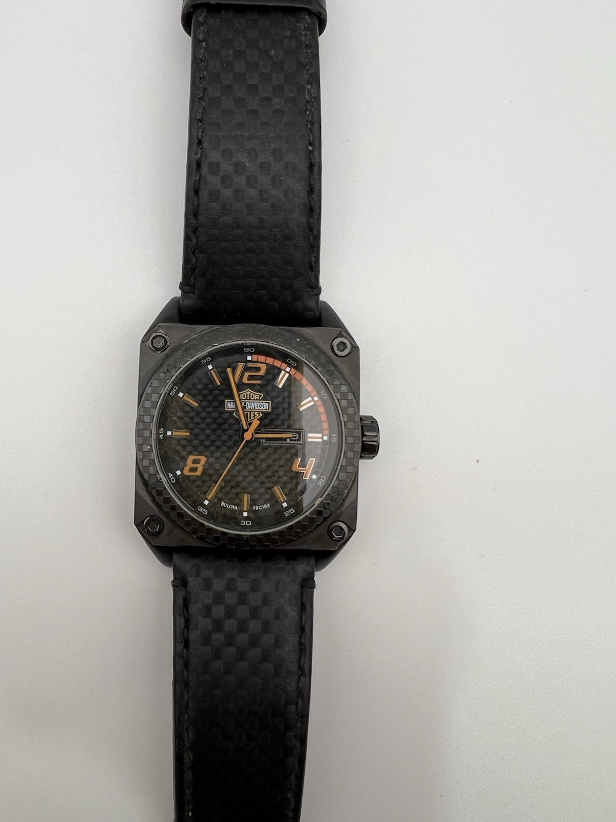 Harley-Davidson Black Men’s Watch by Bulova Carbon Fiber style face New Battery