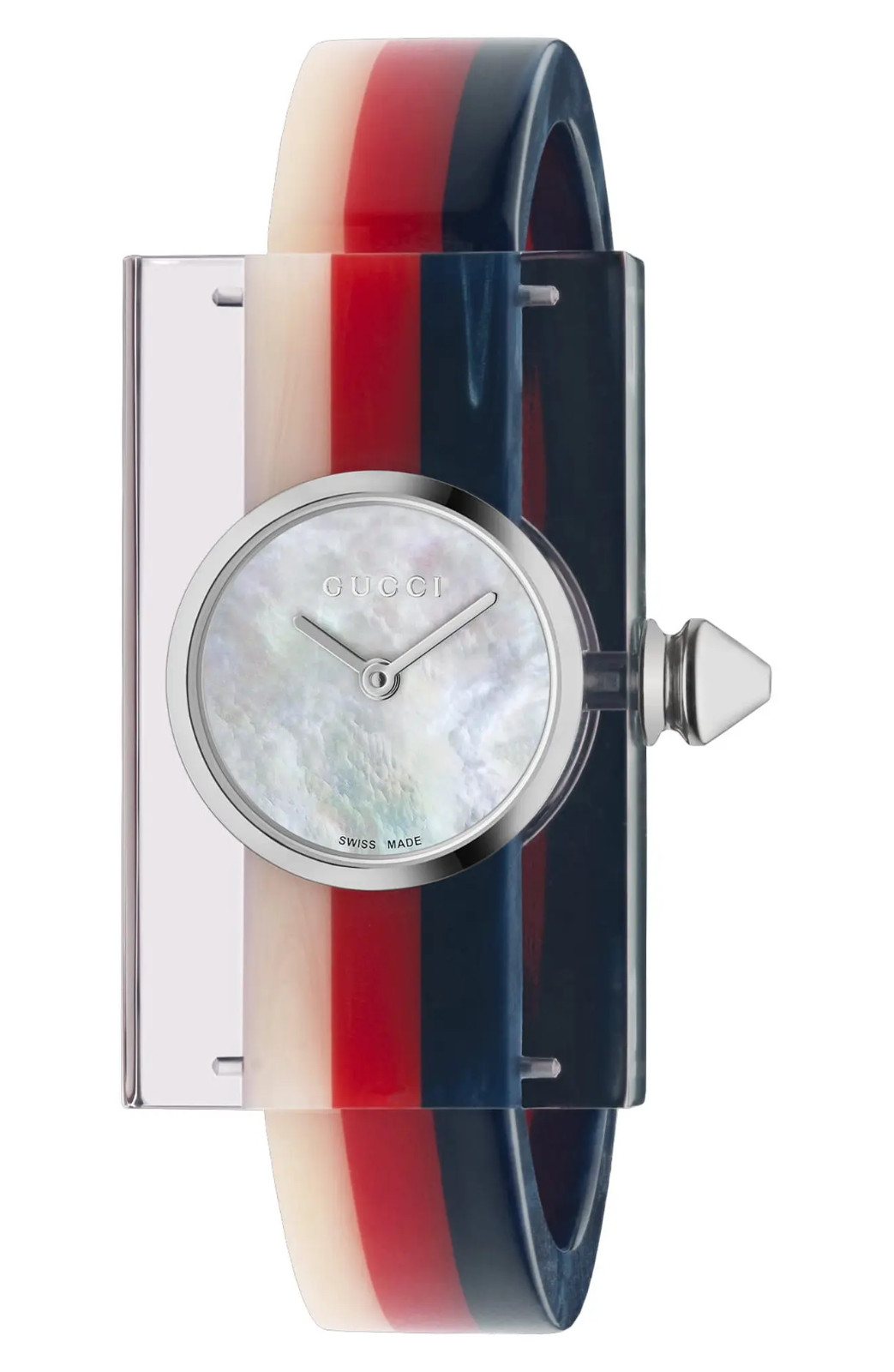 NEW Gucci Watch Plexiglas Striped Red, White, Navy Pink Bangle SWISS Made