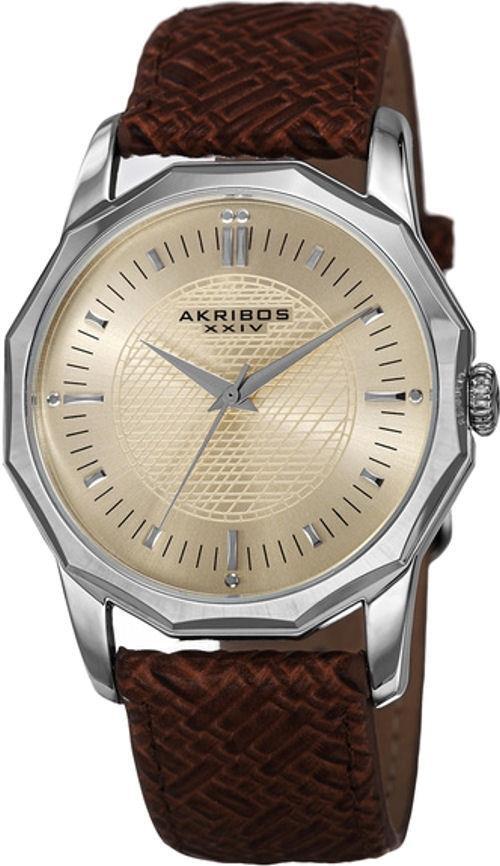 Akribos XXIV AK825SSBR Dodecagon Bezel Champagne Dial Brown Strap Mens Watch