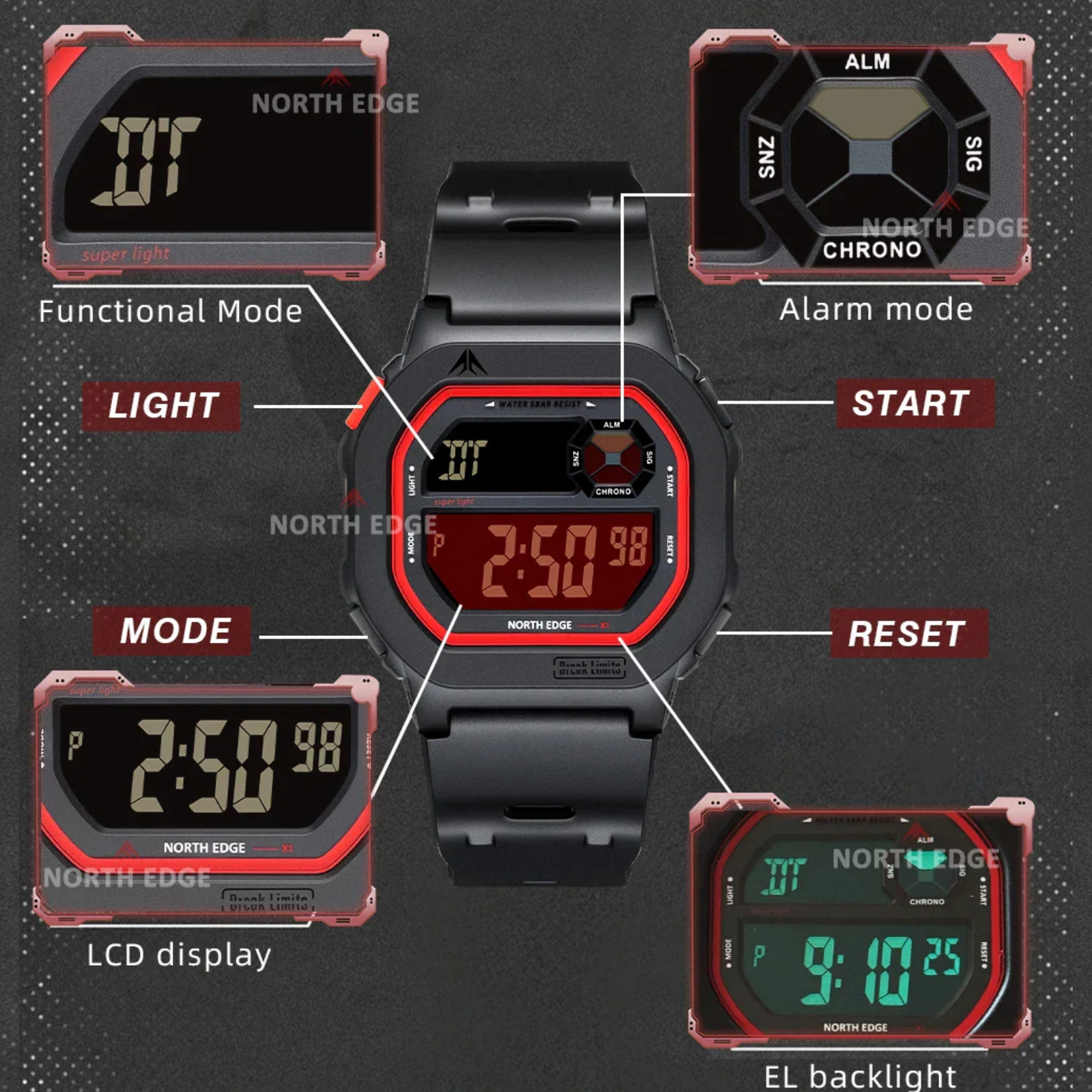 North Edge X1 Men’s Digital Sport Watch 50M Waterproof Tactical Military Black
