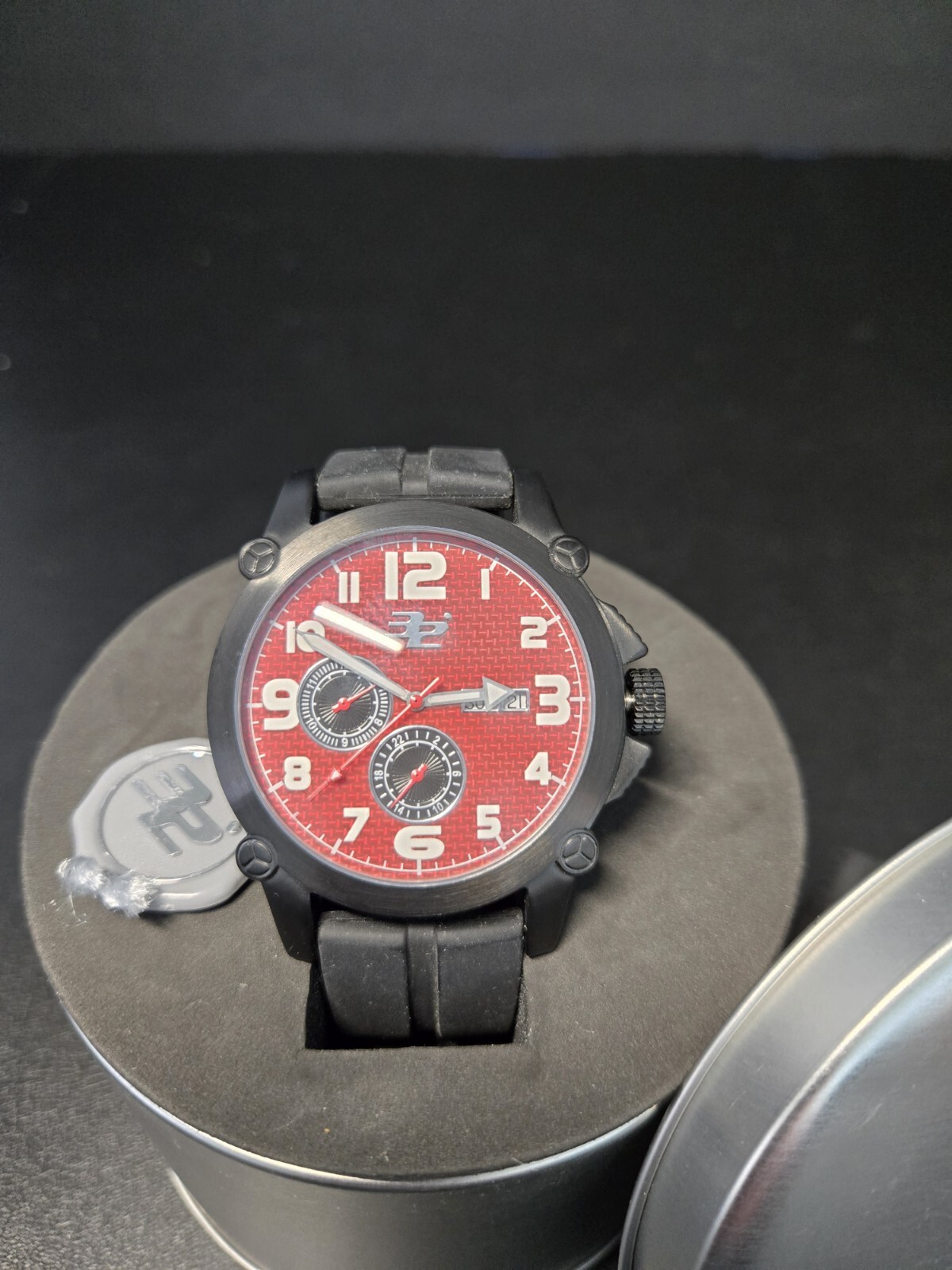 NEW 32 DEGREES MEN’S WATCH 48mm Auto Red Carbon Fiber Black Silicone w/box