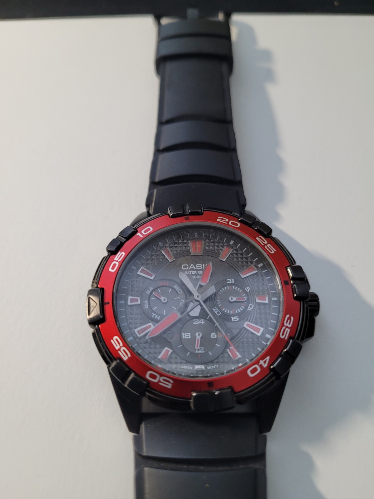 Casio Men MTD-1069 Multifunction Red Black Dial Rubber 44mm Quartz Watch 8 1/4″