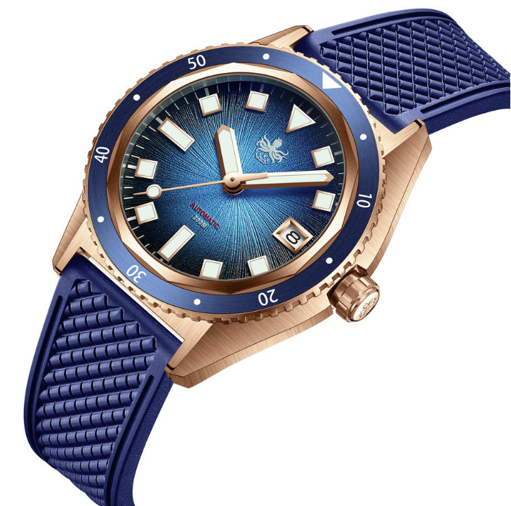 PHOIBOS Argo Bronze 200M Automatic Diver Watch PY057B Spiral Sunray Blue