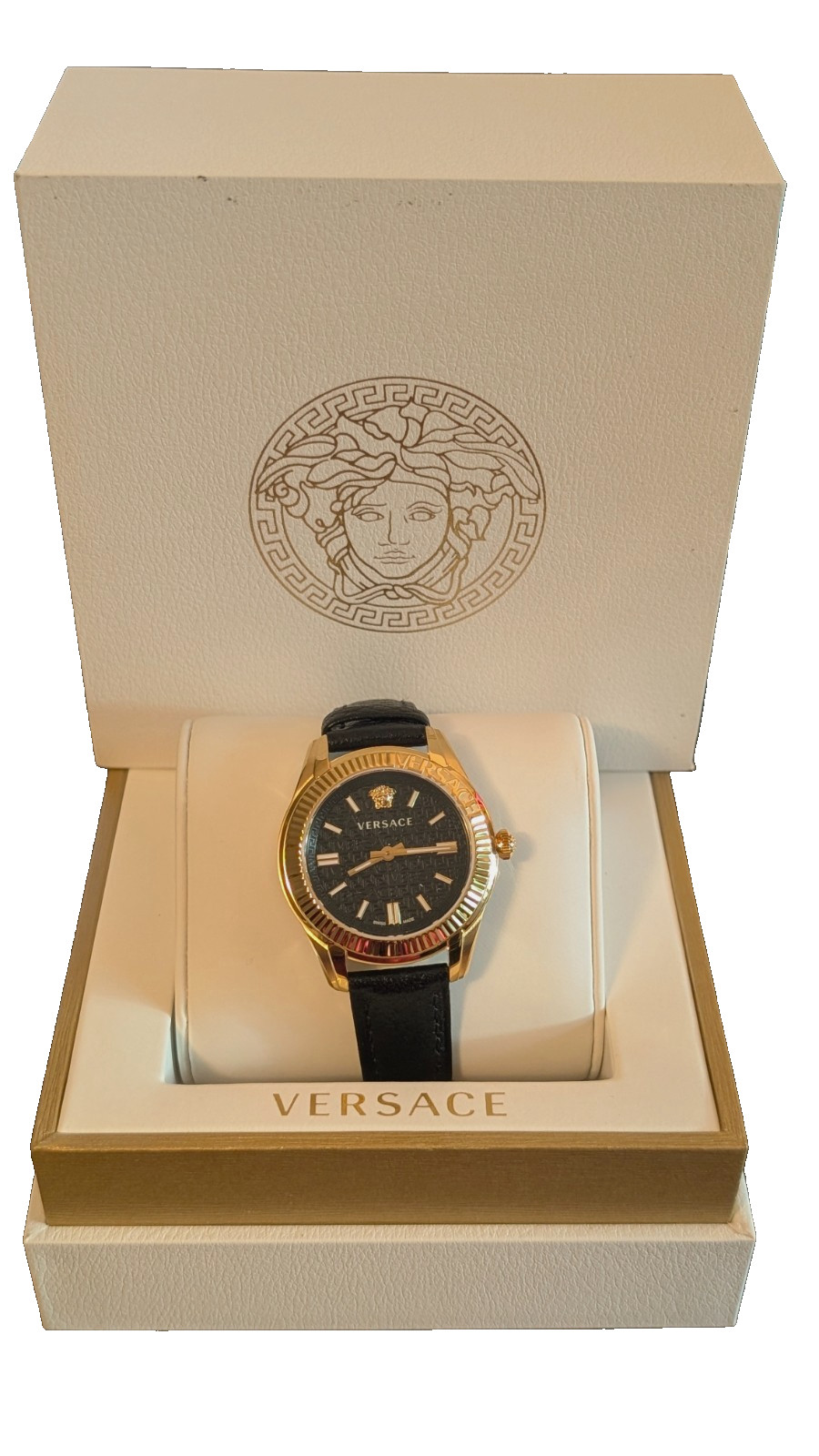 Versace Greca Time ( VE6C00223) Women’s Gold and Black Dress Watch-leather strap
