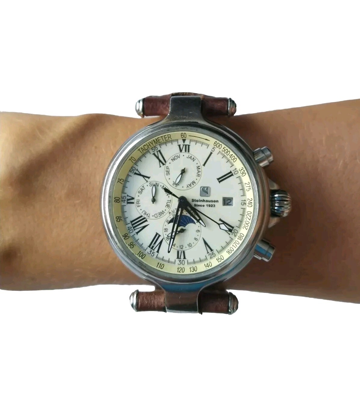 Mens Steinhausen Automatic Wrist Watch Model F1653 Chrono Skeleton Tachometer