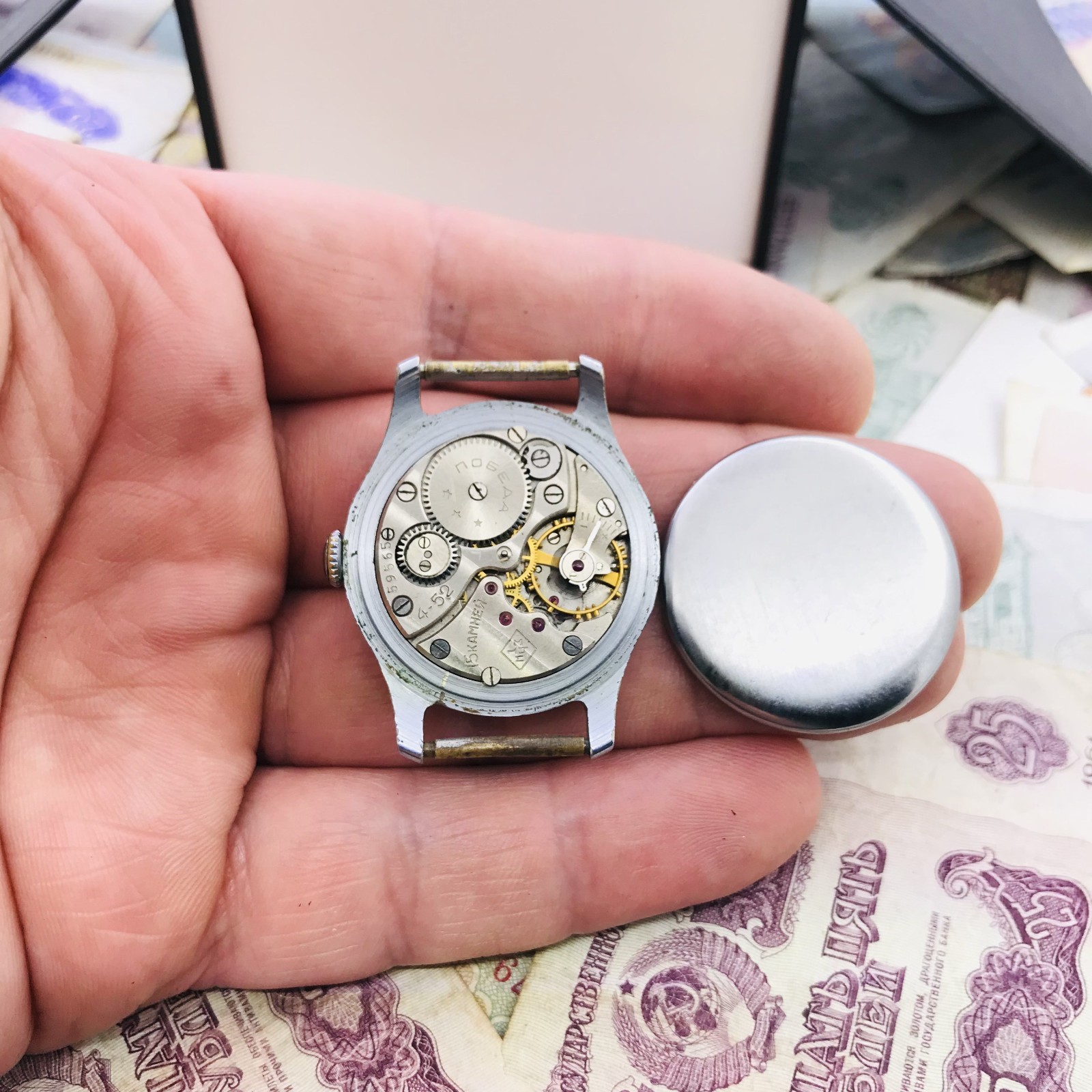 Pobeda 1MChZ Kirova 15 J Vintage Mechanical Watch Ivory Patina 4-52 USSR 1952