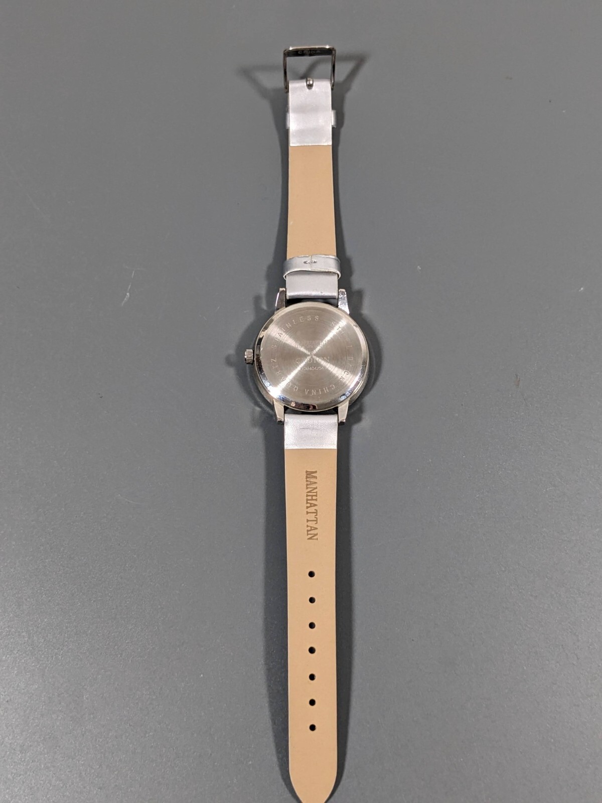 Manhattan by Croton Silvertone Crystal Accent Round Dial Gray Faux Leather Watch