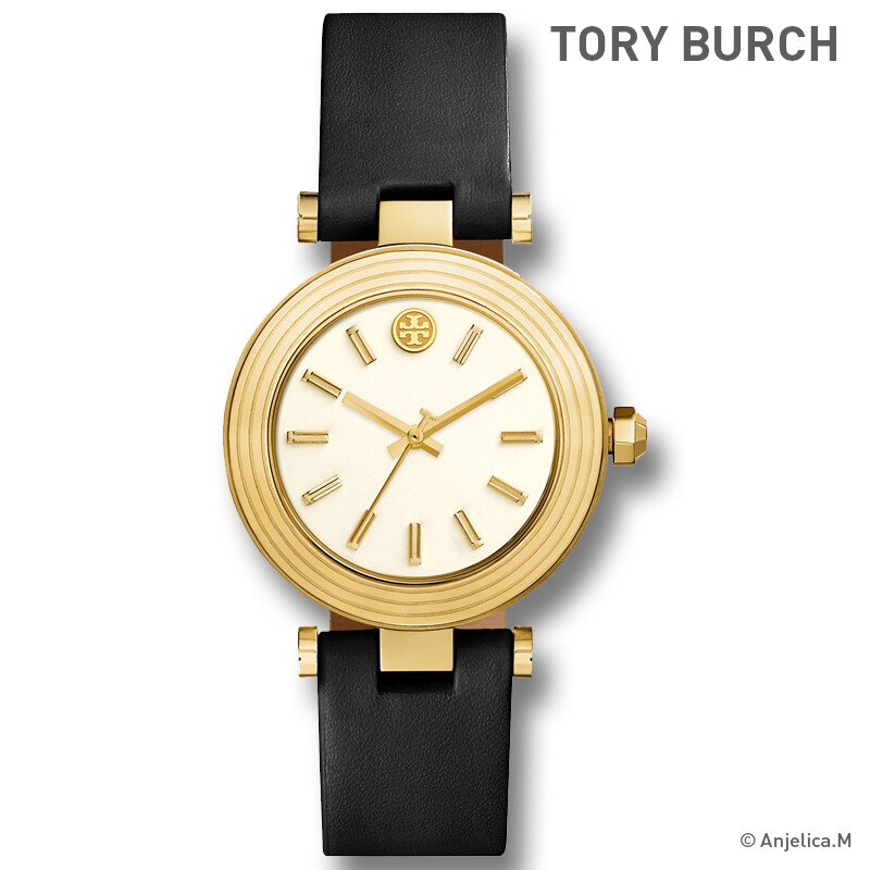 NWT! Authentic TORY BURCH Classic-T Ivory Dial Black Leather Strap Watch TBW9003