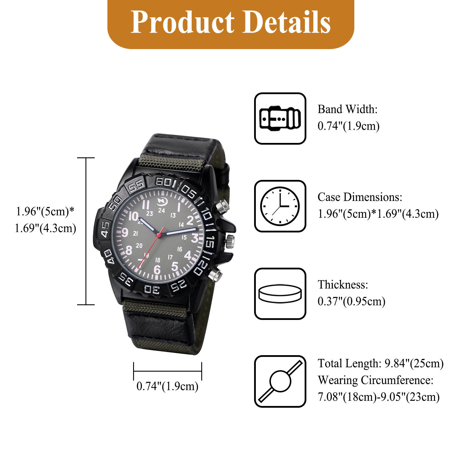 2 in 1 Mens 24-Hour Dial Quartz Analog Carabiner Clip on Watch with Canvas Strap