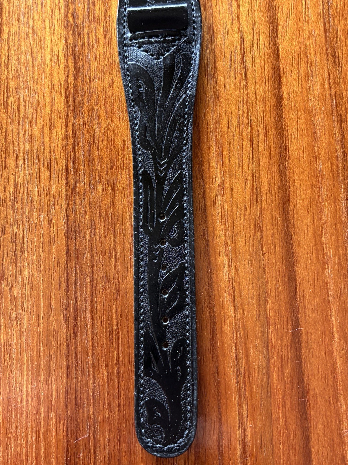 NOS Vintage JB Champion 15.5mm Hand Tooled Leather Bund Watch Strap Black Floral