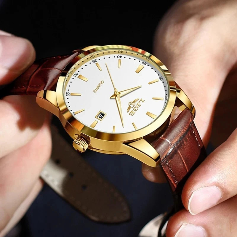 Mens LIGE Classic Luxury Wristwatch Sports Waterproof Quartz Leather Strap Watch