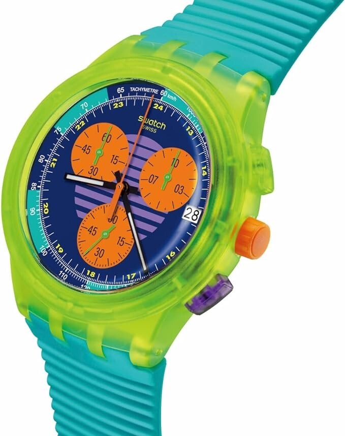 Swatch NEON WAVE SUSJ404 Chronograph Quartz Blue Yellow 42mm NEW Waterproof