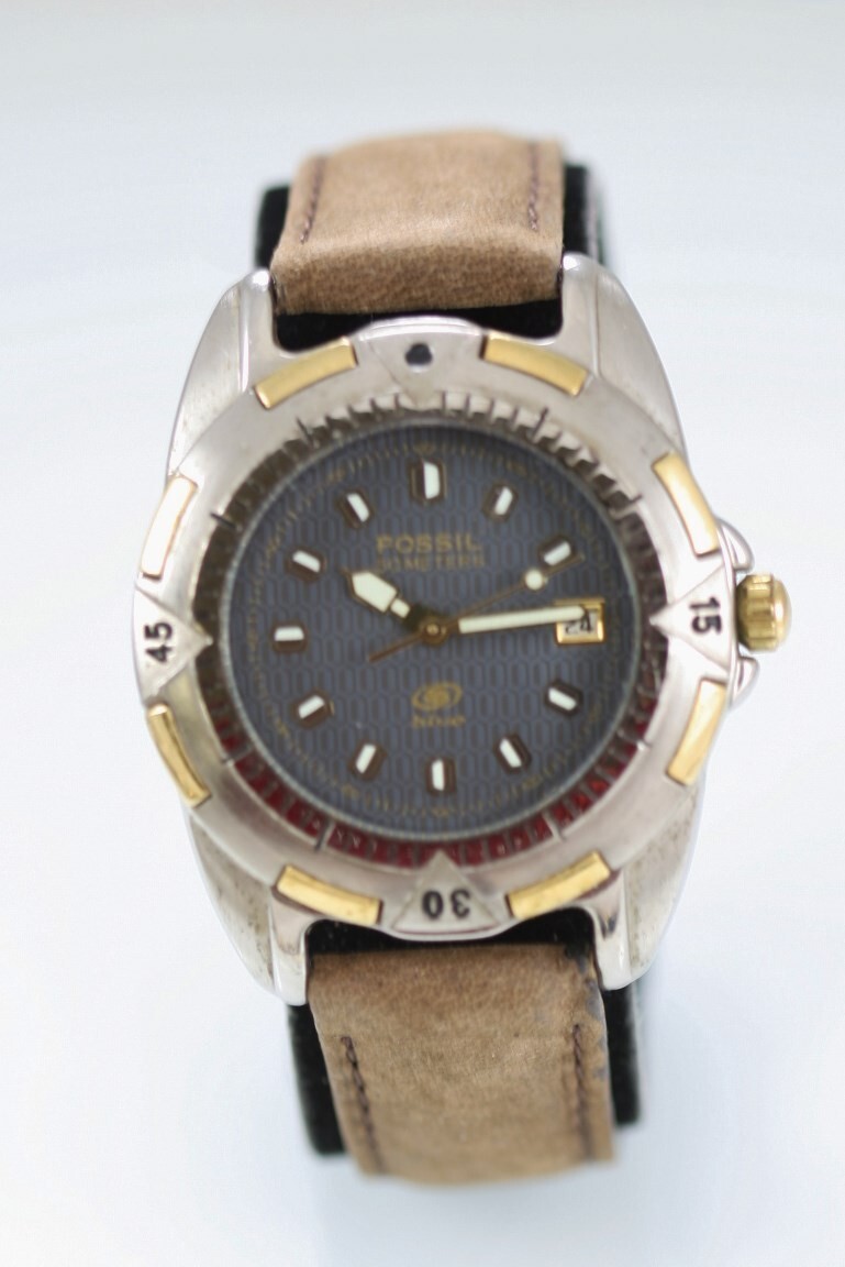 Fossil Blue Men Watch Stainless Silver Gold Leather Brown 50m Date Gray Quartz
