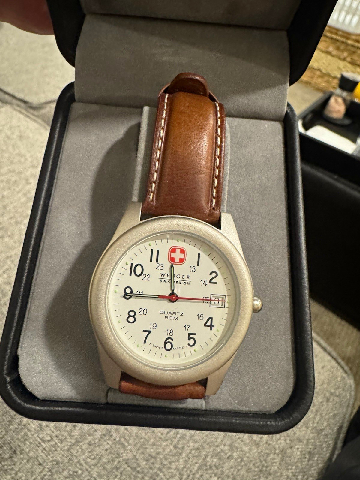 Wenger S.A.K. Design Quartz 50m Date White Dial Brown Leather Strap w/ Box