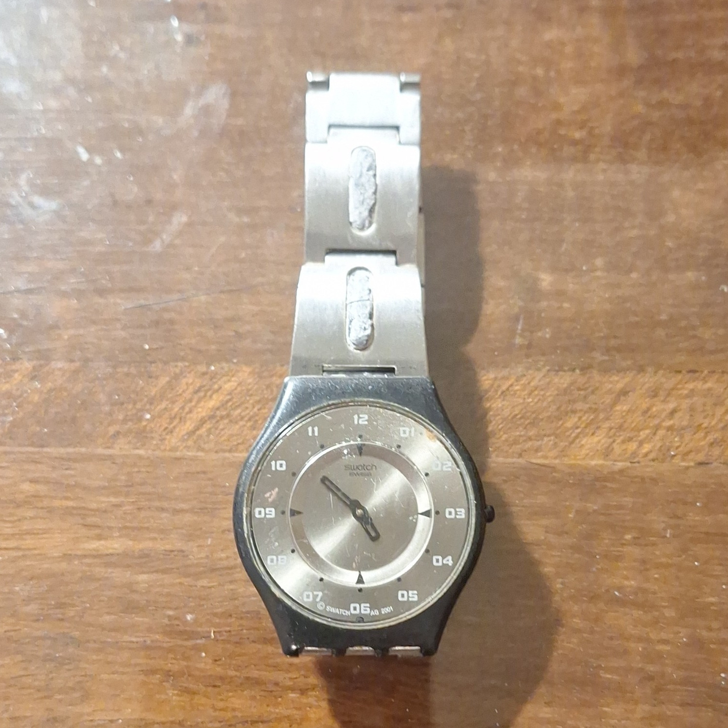 Swatch Irony Quartz Analog Watch 34mm Black Case Silver Dial Bracelet 30m