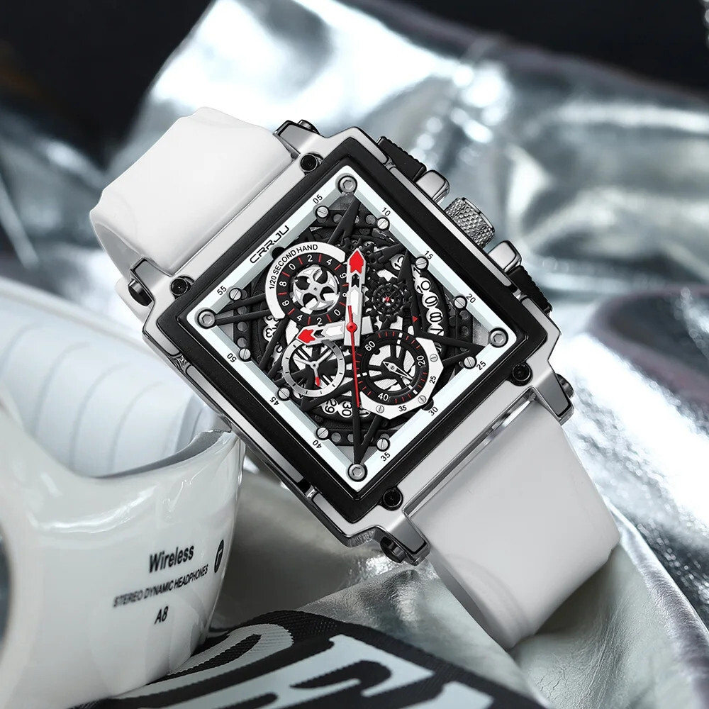 CRRJU Men Watch Luxury Brand Wristwatch Red Strap Male Rectangle Sport Watches