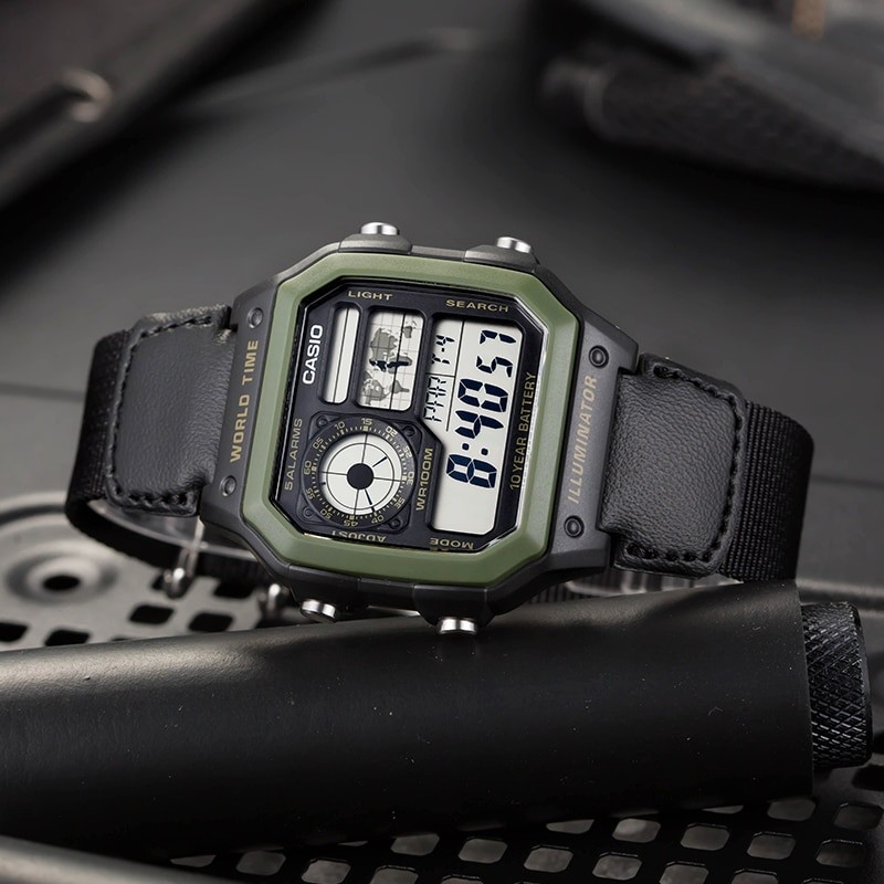 Casio AE-1200WHB-1B World Time 100M WR Alarm LED Backlight Stopwatch Dual Time