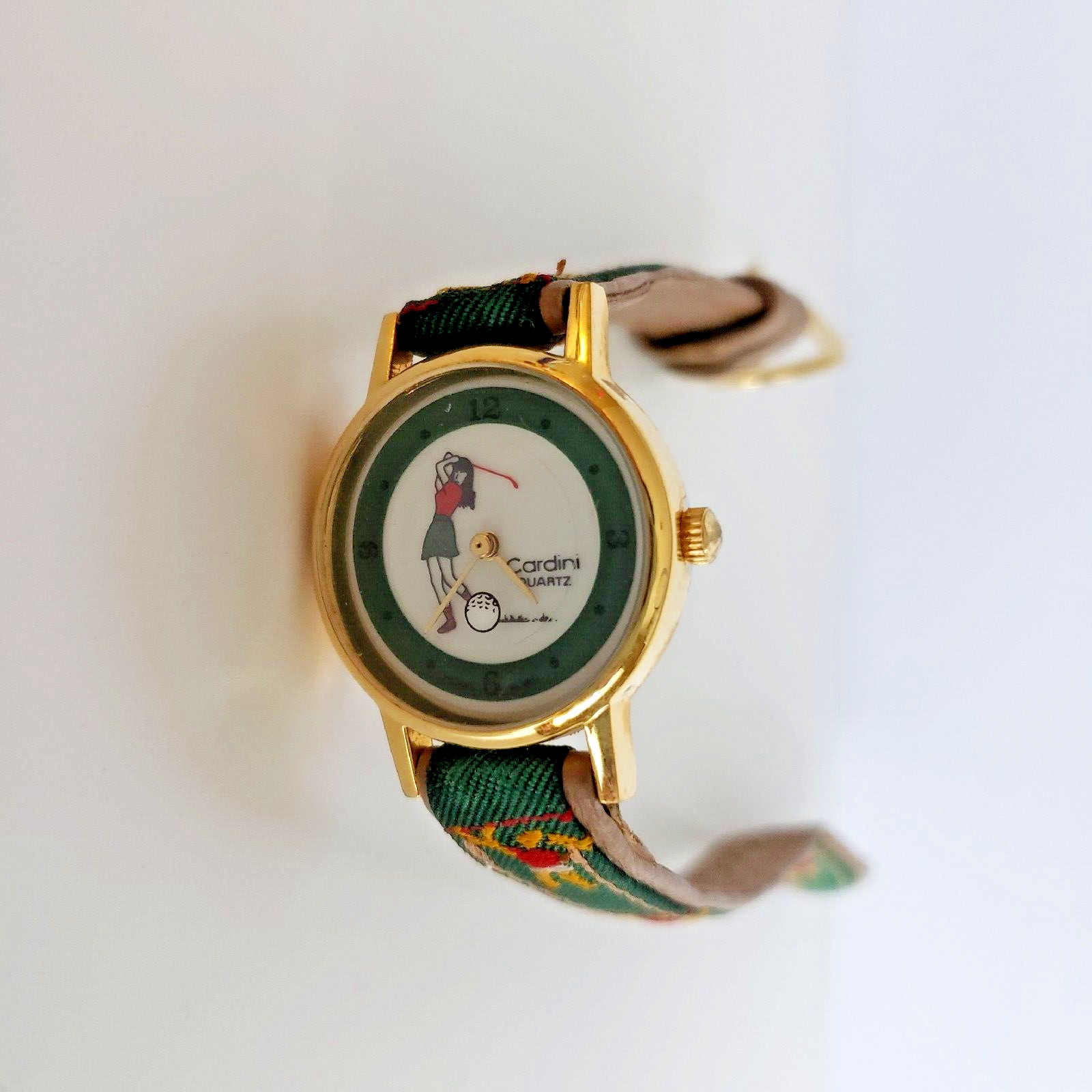 Cardini Ladies Golf Watch, Green Canvas Leather Band Round Face see video
