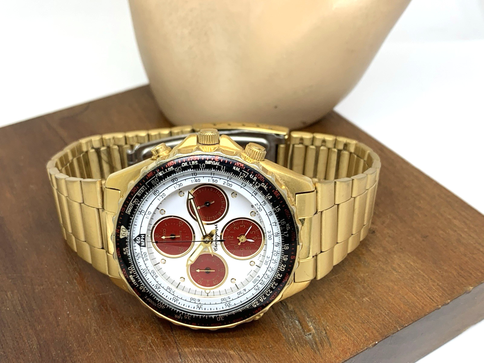 Seiko Flightmaster Mens Watch 7T34-6A0H Quartz White Red Vintage Gold Steel 40mm