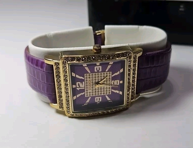 Studio Time Women’s Gold Tone Watch Jeweled Purple STD3188W 415 New Battery