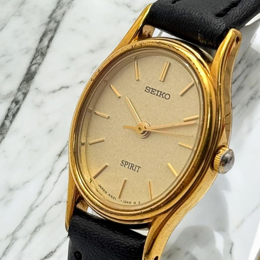SEIKO SPIRIT 4N21-5200 Ladies Quartz Watch Oval Gold Tone Black Dial New Battery