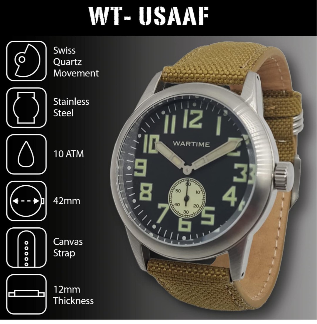 Wartime WW2 USAAF Swiss-Quartz Movement Canvas Strap 42MM Watch NEW