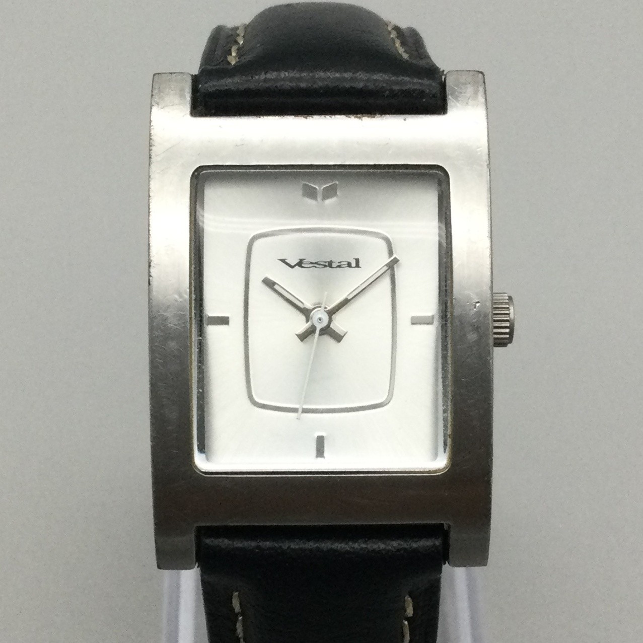 Vestal Electra Tank Mens Watch 24mm Silver Tone Dial Black Leather New Battery