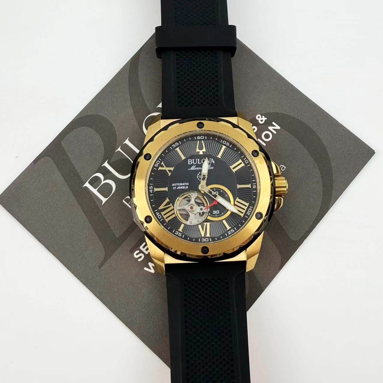 New Bulova Marine Star 98A272 Black Dial Silicone Strap Men’s Automatic Watch