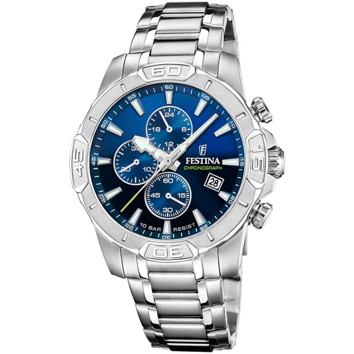 FESTINA F20704/4 Gents S/Steel Chrono Blue Date Dial 100m W/R 2 Year Warranty