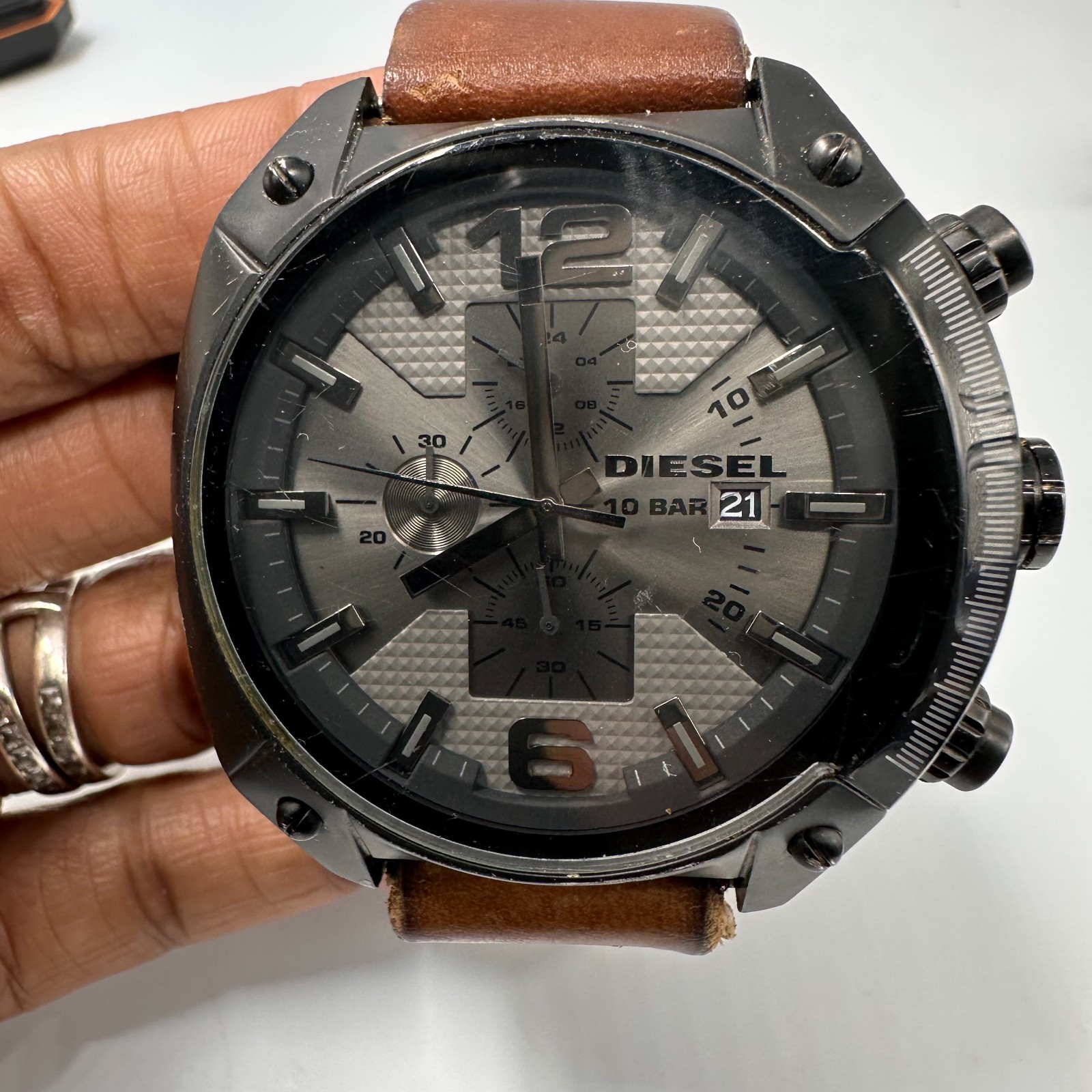 Diesel Overflow Chronograph Watch Mens Black Dial 50MM Brown Band New Battery