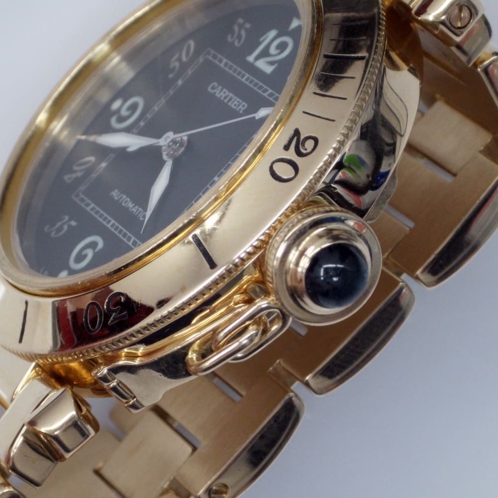 Full Set Cartier Pasha 35 mm 18K Yellow Gold Black Dial Automatic Watch 10351