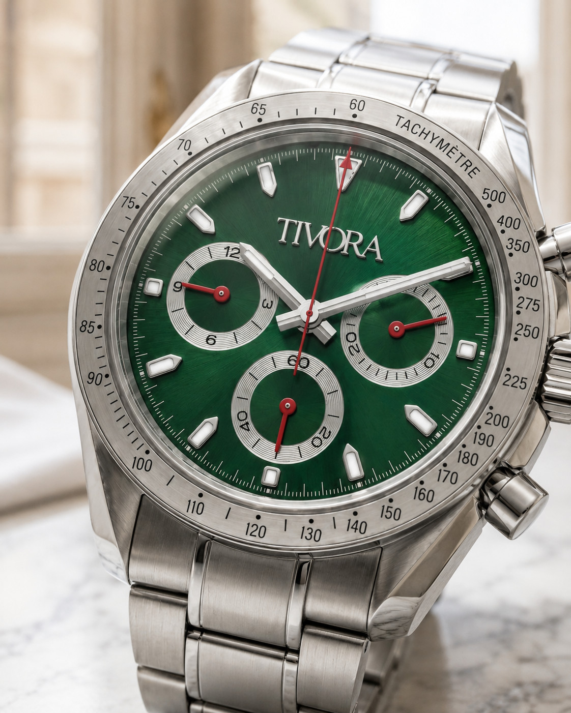 TÍVORÁ Veyron Argent Steel Race Emerald Dial – Custom Branded Automatic Chronogr