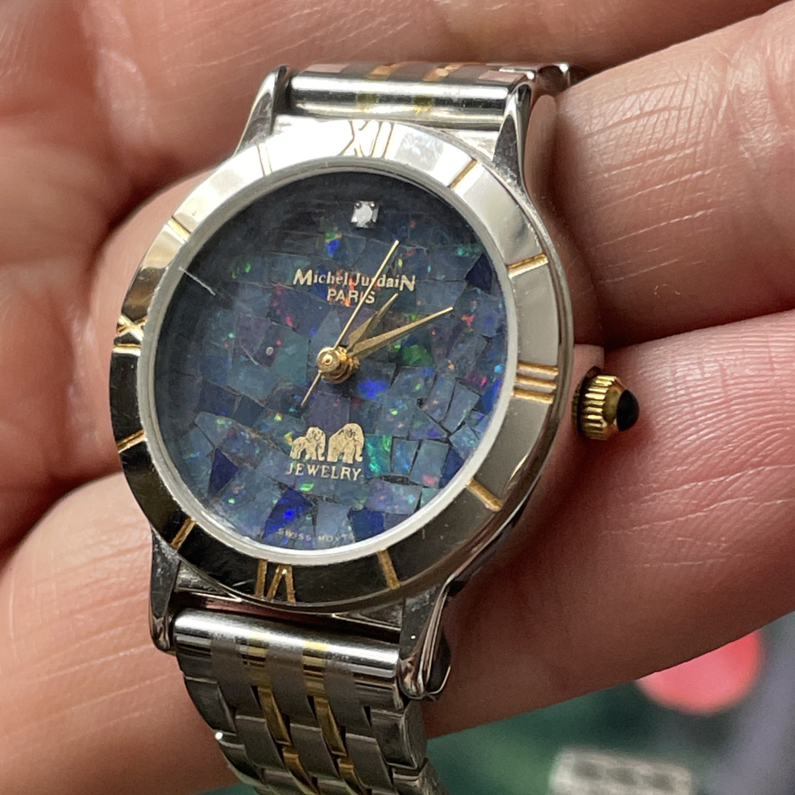 1980s Michel Jurdain opal gemstone mosaic Diamond Swiss movement Watch