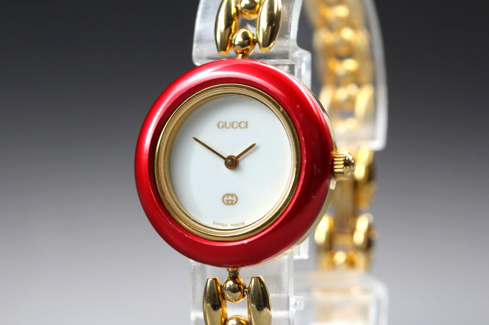 [Exc+5] Vintage GUCCI 1100-L Change Bezel Quartz Red Gold 26mm Women’s Watch