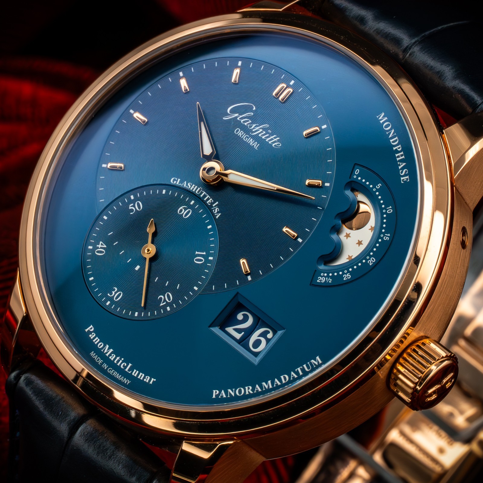 Glashütte Original PanoMaticLunar Rose Gold Blue Dial 1-90-02-11-35-61 Full Set