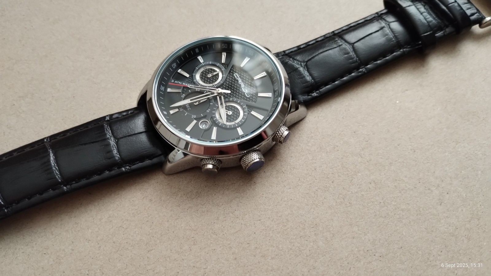 CRRJU 2212L Japanese Quartz Movement Chronograph Watch Black Face Leather Strap