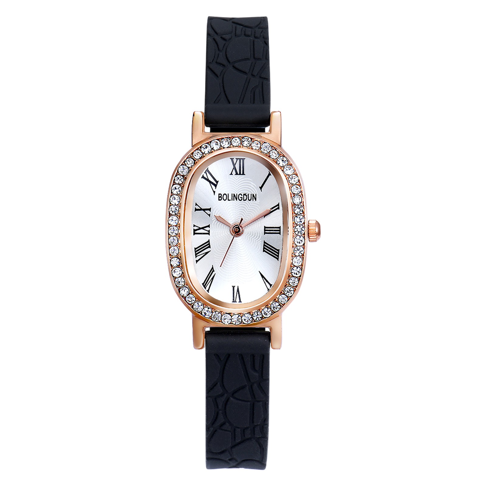 Women Classic Oval Roman Numerals Croco Pattern Silicone Band Quartz Wrist Watch
